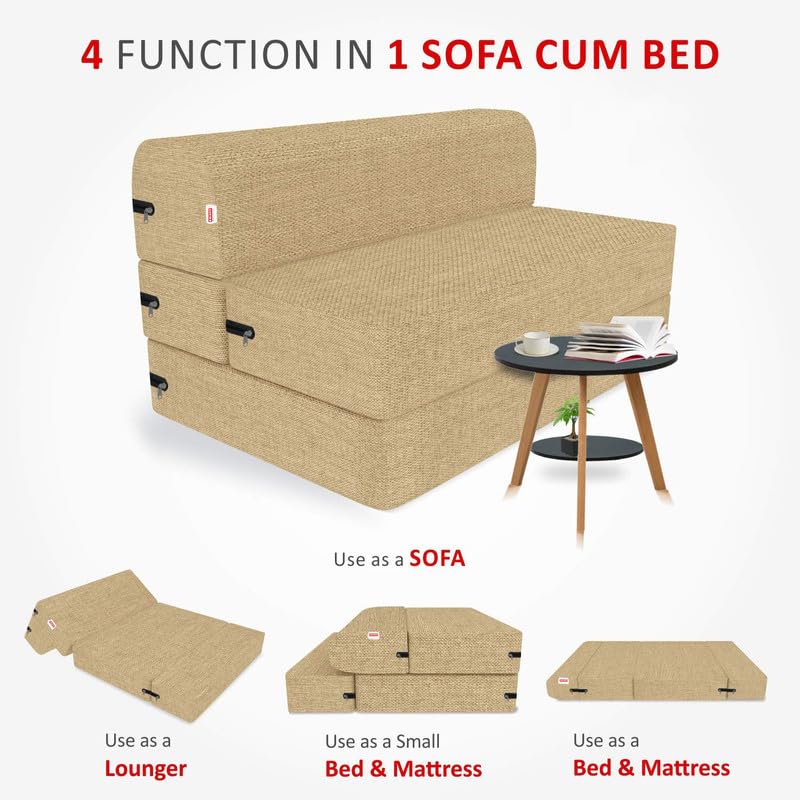 Image of Coirfit 3 Seater Folding Sofa Cum Bed - Jute Fabric Washable Cover with Free Cushions, Beige - 5' x 6 Feet