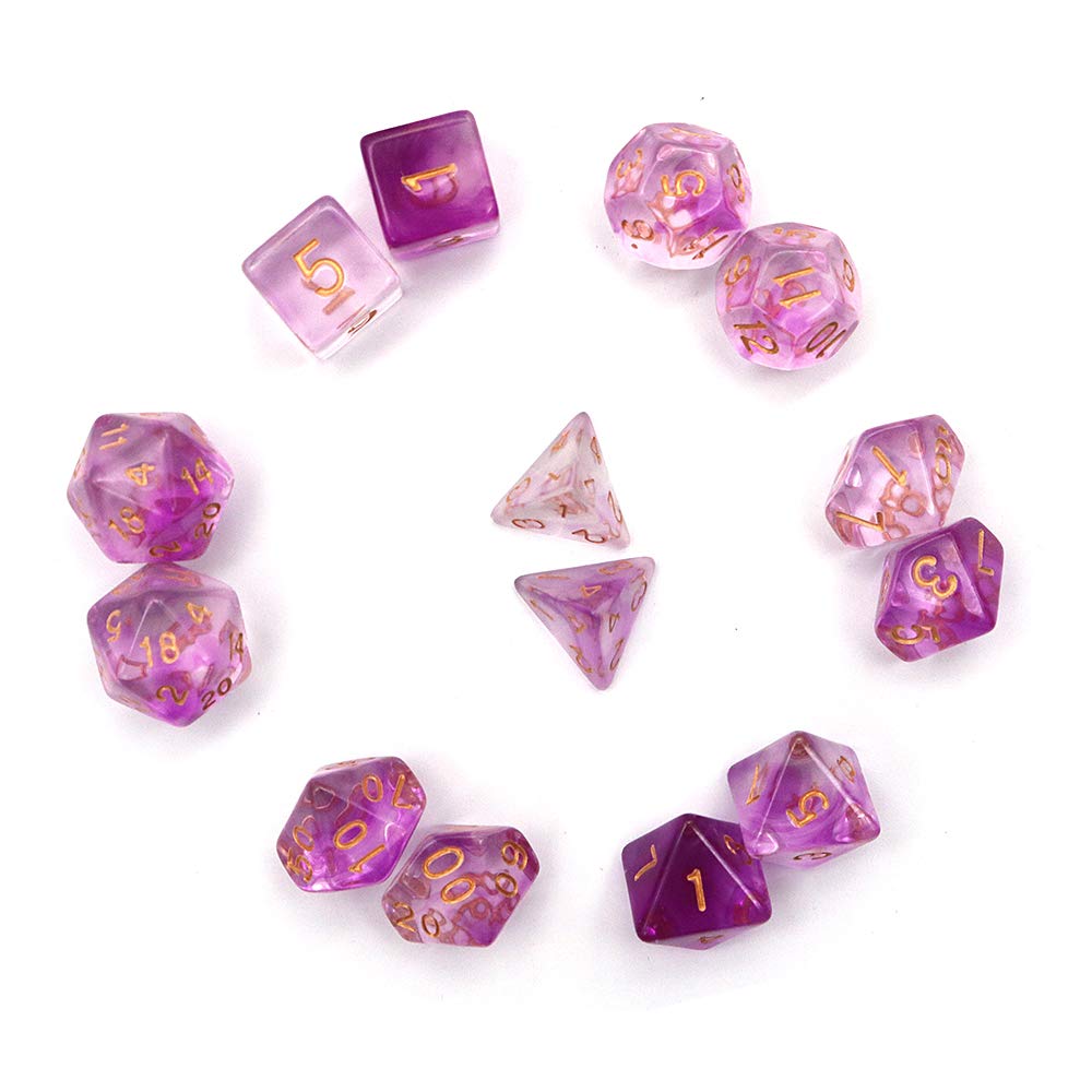 Fasizi Transparent Polyhedral Dice Set Table Games Dice 2 Sets Dice 2 x 7 (14 Pieces) Die Series D20 D12 D10 D8 D6 D4 DND dice DND RPG MTG Double Colors One Piece (Purple)