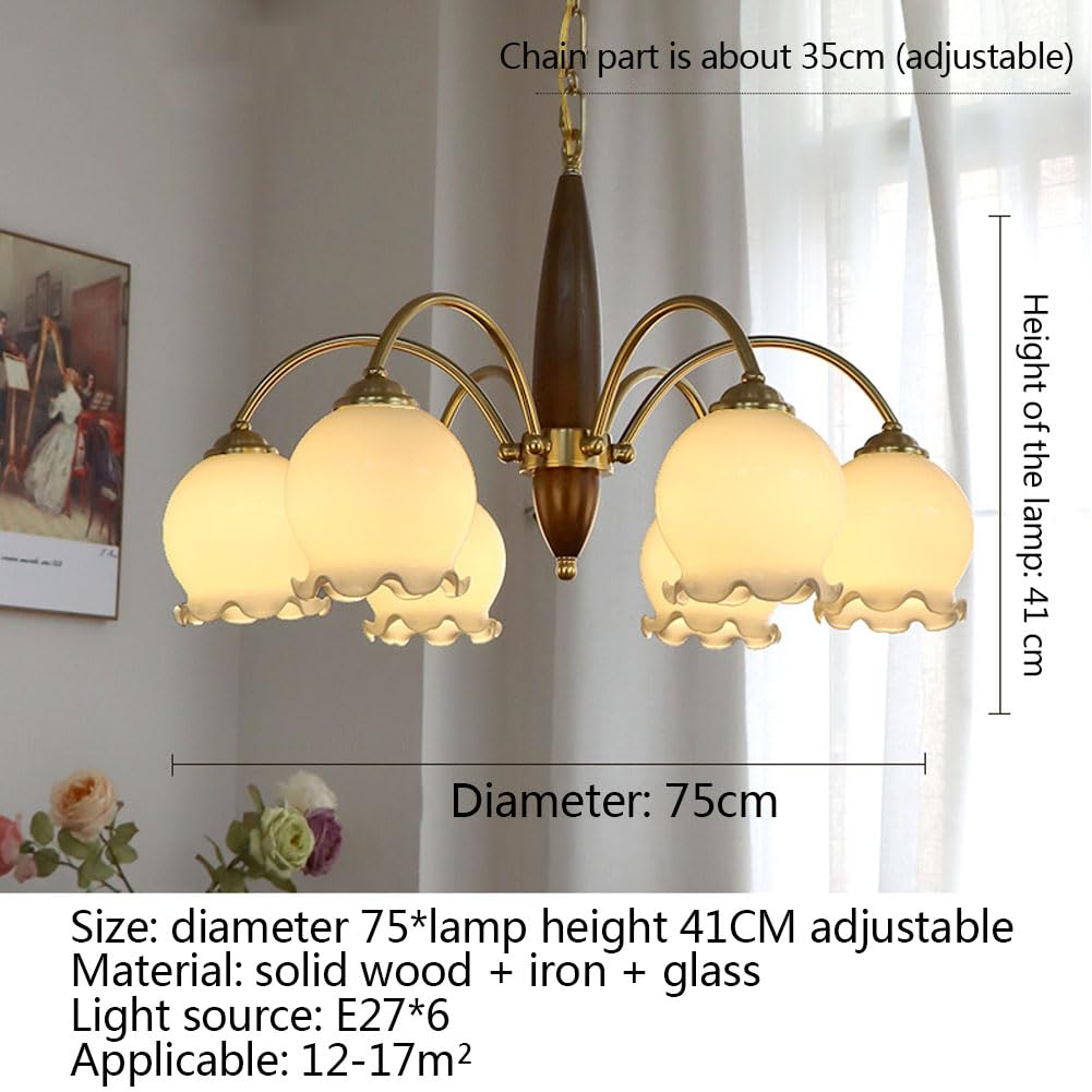 Pęknięty kwiat z litego drewna retro lampa stołowa w stylu rustykalnym, przezroczysta, 6 głowic