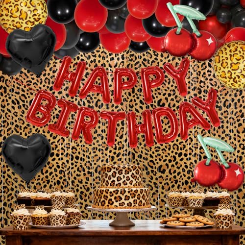 Image of Cheetah Print Birthday Party Decorations with Leopard Print Foil Fringe Curtains,Happy Birthday Letter Balloons, Heart,Cherry,Leopard Round Foil Balloons,Latex Balloons for Birthday Party Women Girl