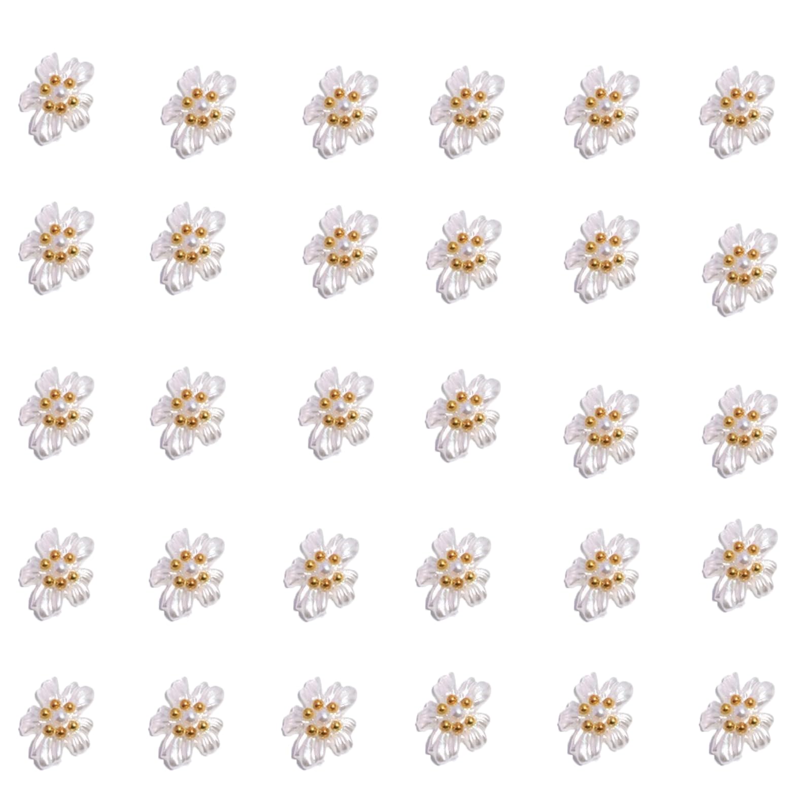 30Pcs Flower Nail Charms with Gold Rhinestones Design White Pearl Glue on Flower Charms White Flowers Nail Charm for Women Girls Spring Summer