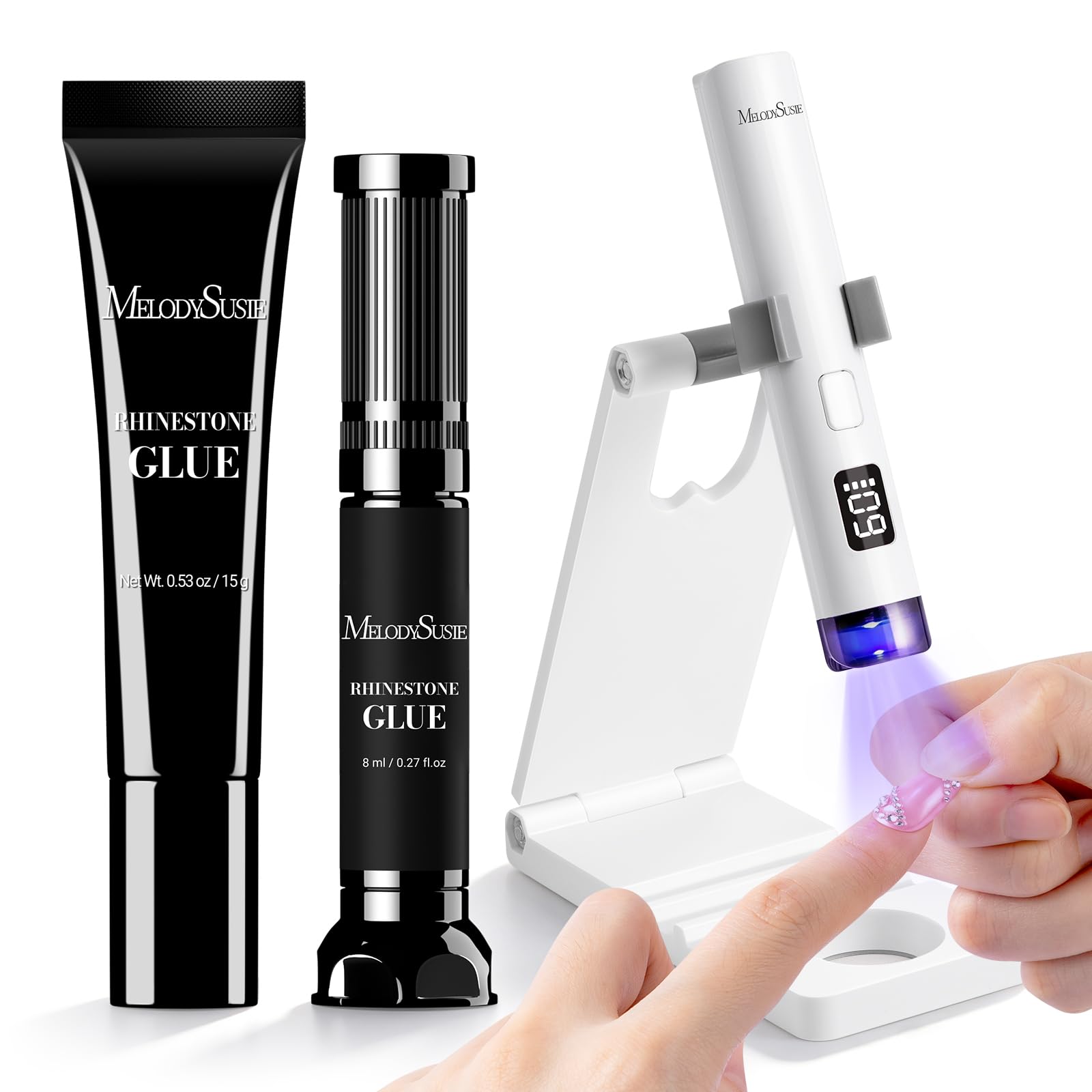MelodySusie White Handheld UV Light with Stand and Rhinestone Glue Kit