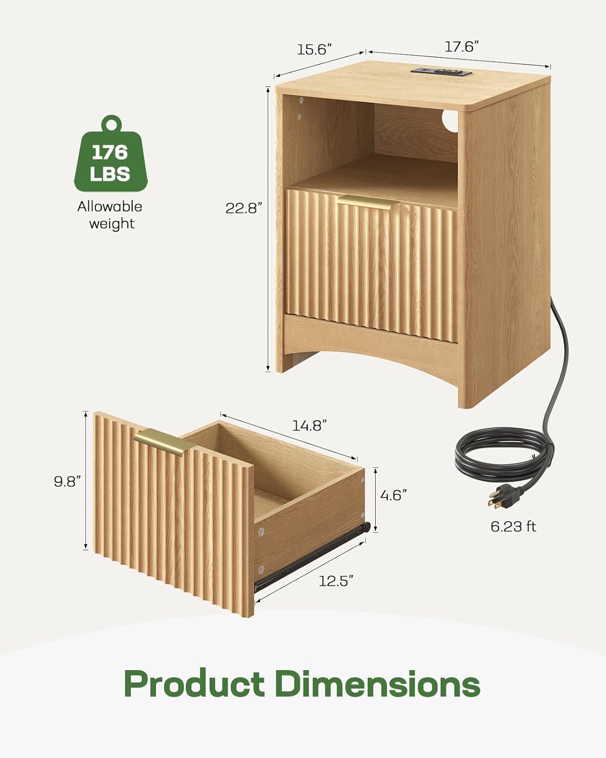 Marsail Fluted Nightstand with Charging Station, Adjustable Bedside Table with USB & AC Ports, 1 Drawer End Table, Wood Grain Finish, Sleek Wide Handle, Perfect for Bedroom, Natural Oak - Image 2