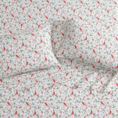 Image of Laura Ashley - Flannel Sheets Queen Size, Anti-Pilling & Wrinkle Resistant Cotton, Touchably Soft for All-Season Comfort - Bed Sheets with Matching Pillowcases & Fitted Sheet (Jolly Cardinals Green)
