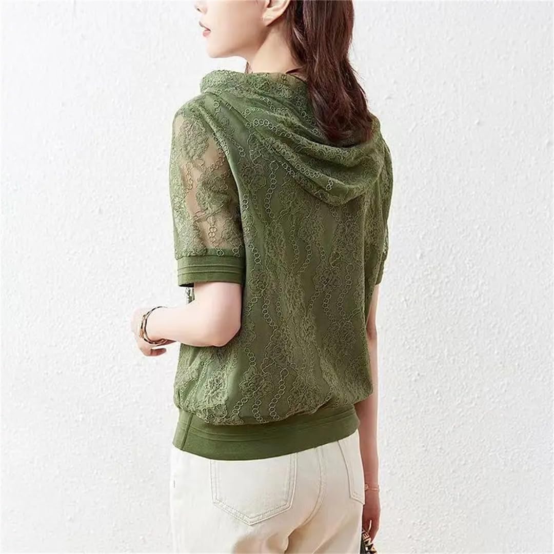 Camicetta dritta da donna con cappuccio estiva a maniche corte scava fuori casual pizzo patchwork con coulisse camicia