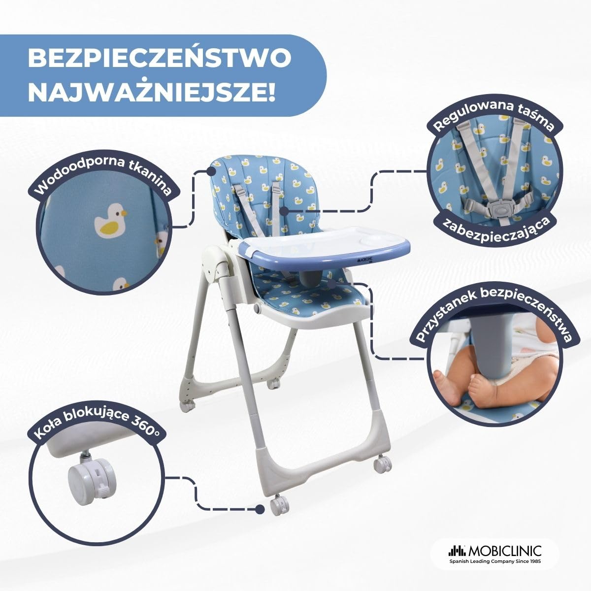 Mobiclinic®, Wysokie krzesełko dla dziecka, Evolutive, Dodatkowe składanie, Możliwość przekształcenia w krzesełko, Simba, 5-punktowe, Kółka z hamulcami, Podwójna wyjmowana tacka