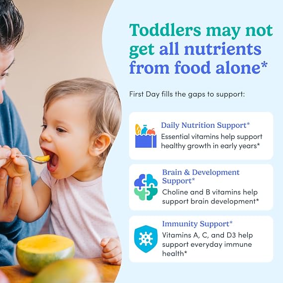 First Day Toddler Multivitamin Gummies for Ages 2 & 3 with Choline, 60ct | First Day toddler vitamins for ages 2-3: vegan toddler vitamin gummies with choline, 10 nutrients and 21 organic superfoods.