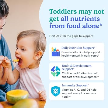 First Day Toddler Multivitamin Gummies for Ages 2 & 3 with Choline, 60ct | First Day toddler vitamins for ages 2-3: vegan toddler vitamin gummies with choline, 10 nutrients and 21 organic superfoods.