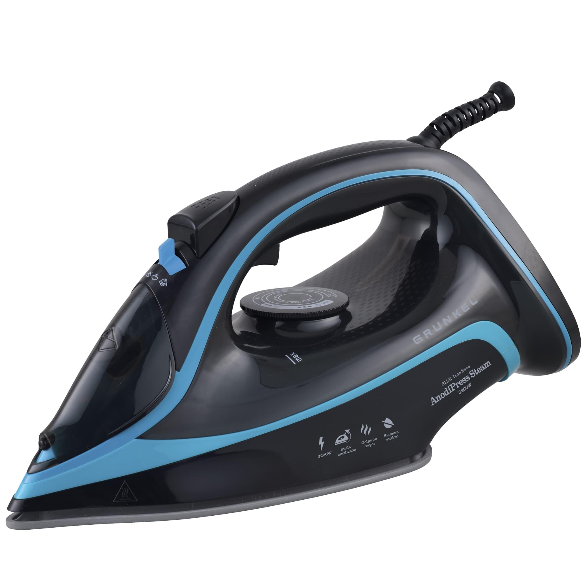 Grunkel - Plancha de Vapor - Control de Caudal de Vapor, Función Antical y Antigoteo. Golpe de Vapor de 1g y 30g/min de Vapor Continuo. Capacidad de Depósito de 300-370ml (Potencia: ANODICED 3200W)