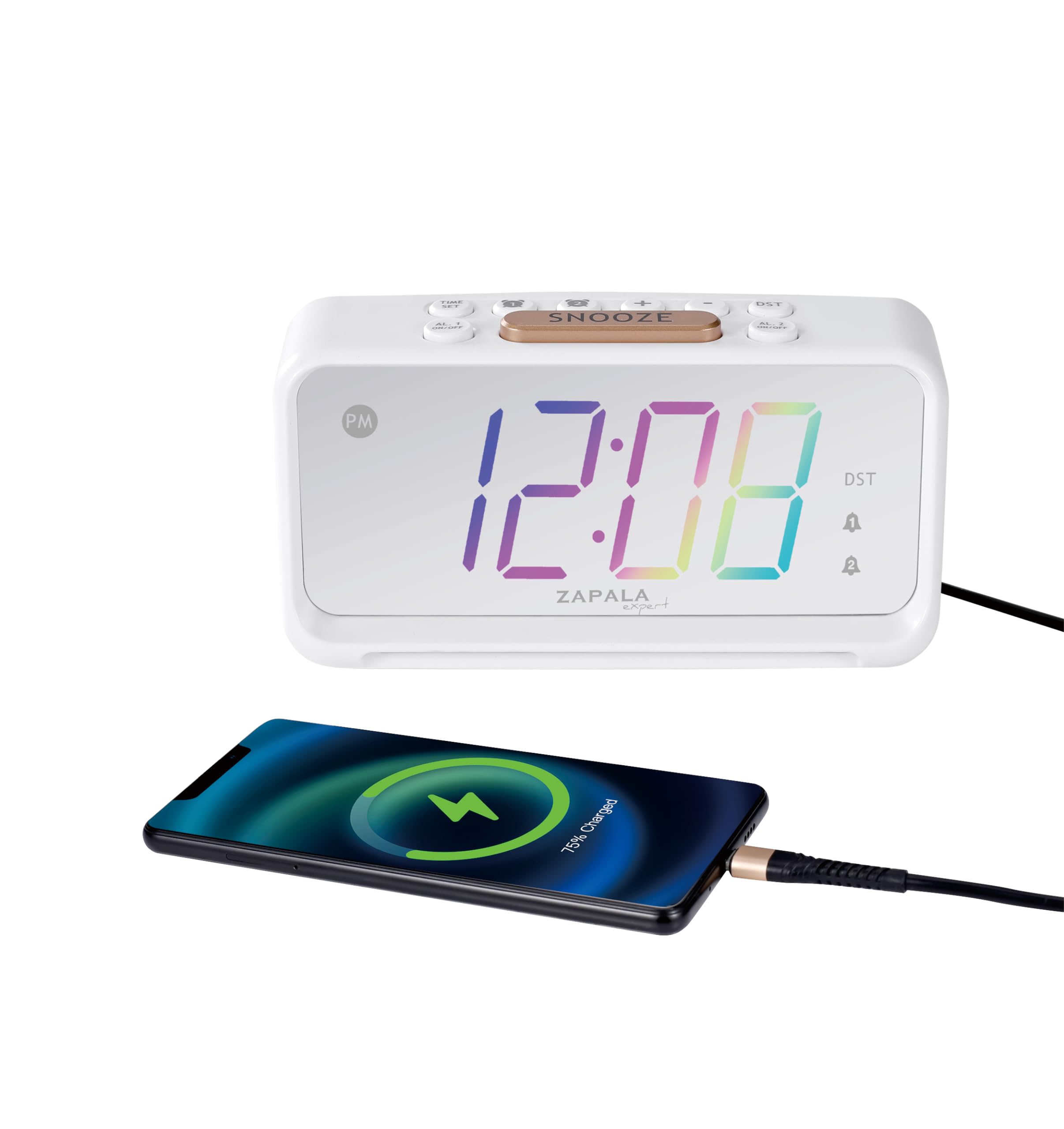 ZAPALA expert Mulitcolor Alarm Clock for Bedroom, 2 Alarms Loud LED Big Display Plug in Simple Basic Digital Clock with USB Charging Port, Adjustable Volume, Dimmable, Snooze for Deep Sleepers Kids