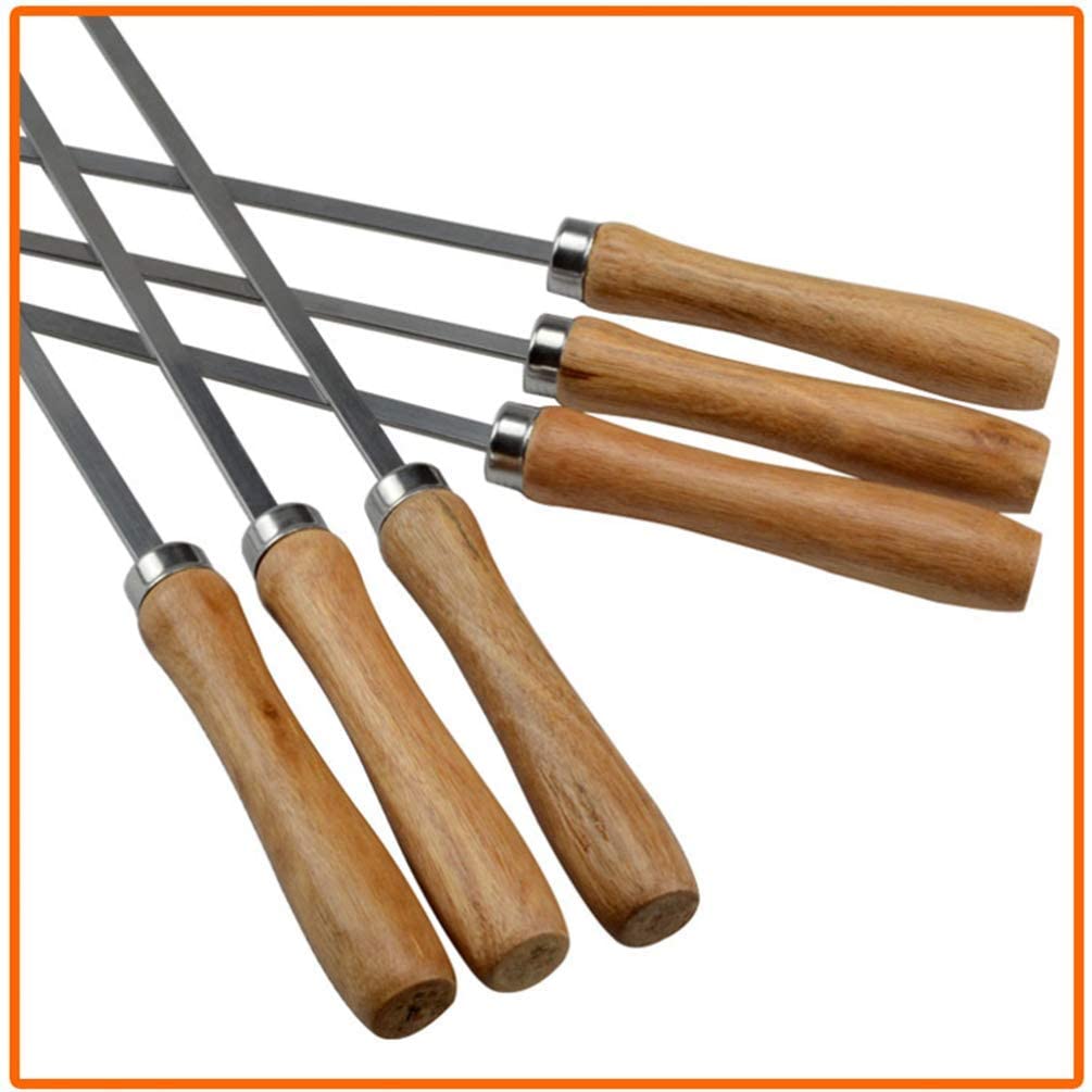 6 pezzi Manico in legno Spiedino per barbecue Spiedini per Kabob in acciaio inossidabile Bastoncini piatti in metallo Spiedini per grigliate Forchetta per arrostire per falò per la casa all'aperto