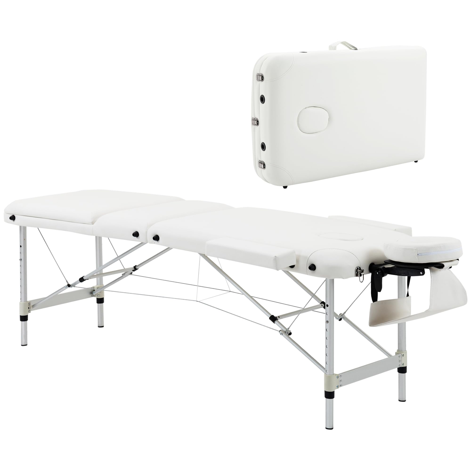 HOMCOM Mobile Massageliege 3 Zonen Klappbar Massagetisch mit Kopfstütze Armlehne Tragetasche höhenverstellbare Aluminium Massagebett tragbar inkl. Zubehör Massagebank bis 225 kg Belast Weiß