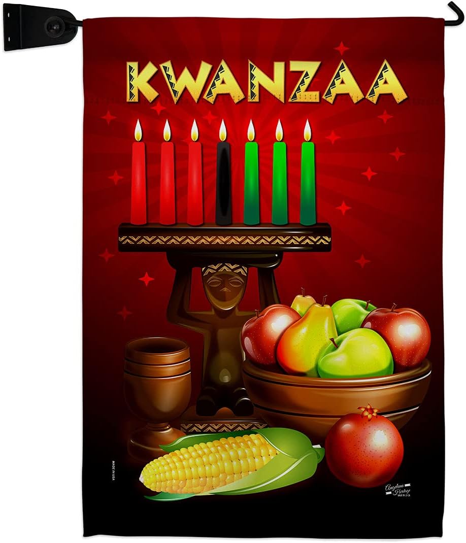 Greeting Kwanzaa Garden Flag Set Wood Dowel Black History Kinara Candles Celebrates African Americans Heritage Small Decorative Gift Yard House Banner Made In USA 13 X 18.5