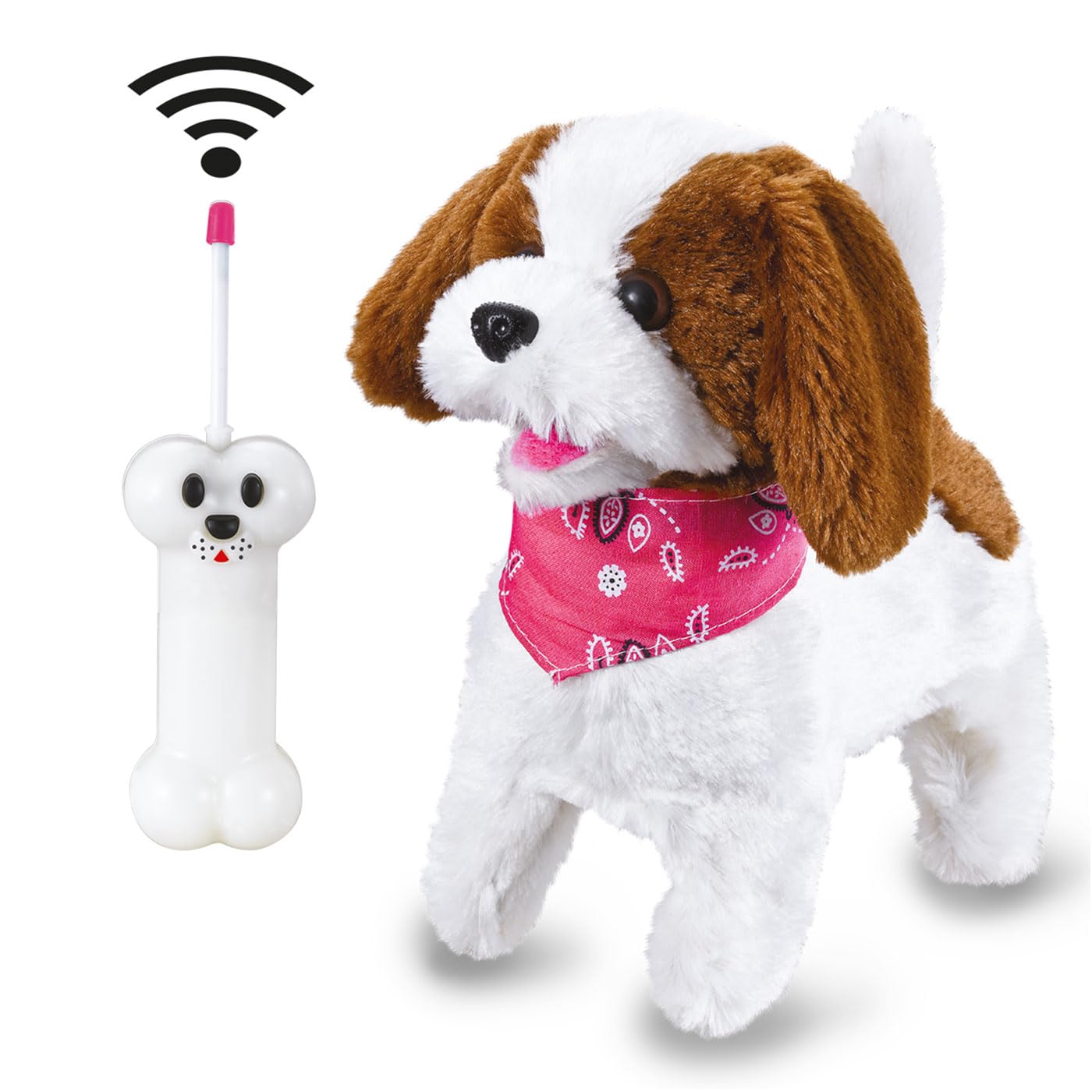 JAMARA -Lucky RC Plüschhund 27MHz- Weiches Fell, bewegt die Schnauze und Kopf, wedelt mit dem Schwanz, realistisches Hundebellen, Weiß-Braun
