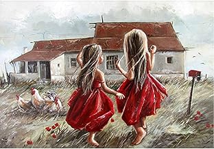 DCIDBEI (50 x 40 cm) 5D Square Embroidery Kit Diamond Countryside Landscape Square Diamond Painting Girl in Red Dress, Living Room Bedroom Decoration Wall Sticker with DIY Tools