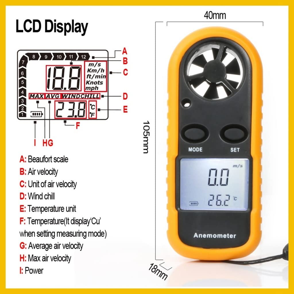 Anemometer Portable Thermometer Wind Speed Gauge Meter Windmeter LCD Digital Hand-held