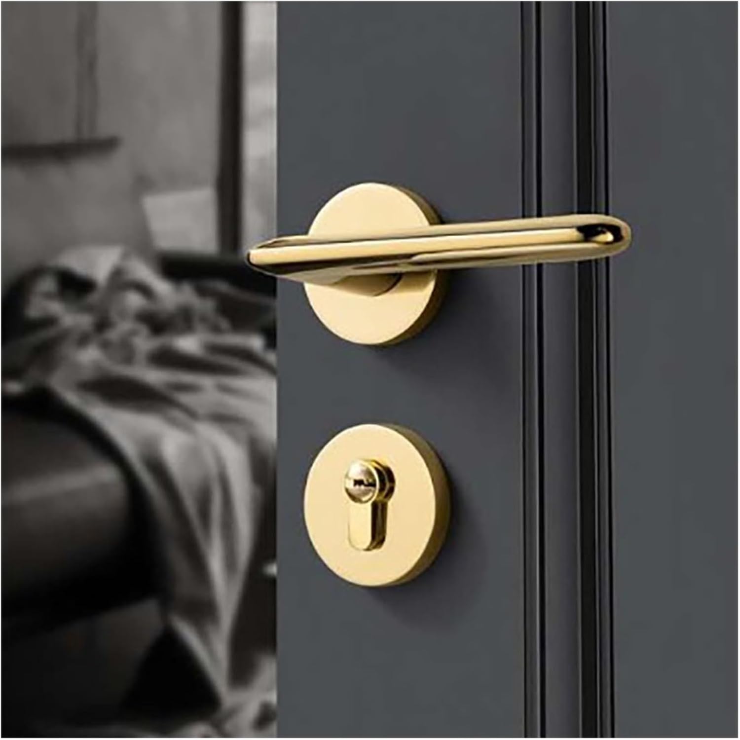 Door Lock Indoor Bedroom Door Lock Silent Magnetic Lock Simple Split Wooden Door Lock Black Door Handle(Yahei)