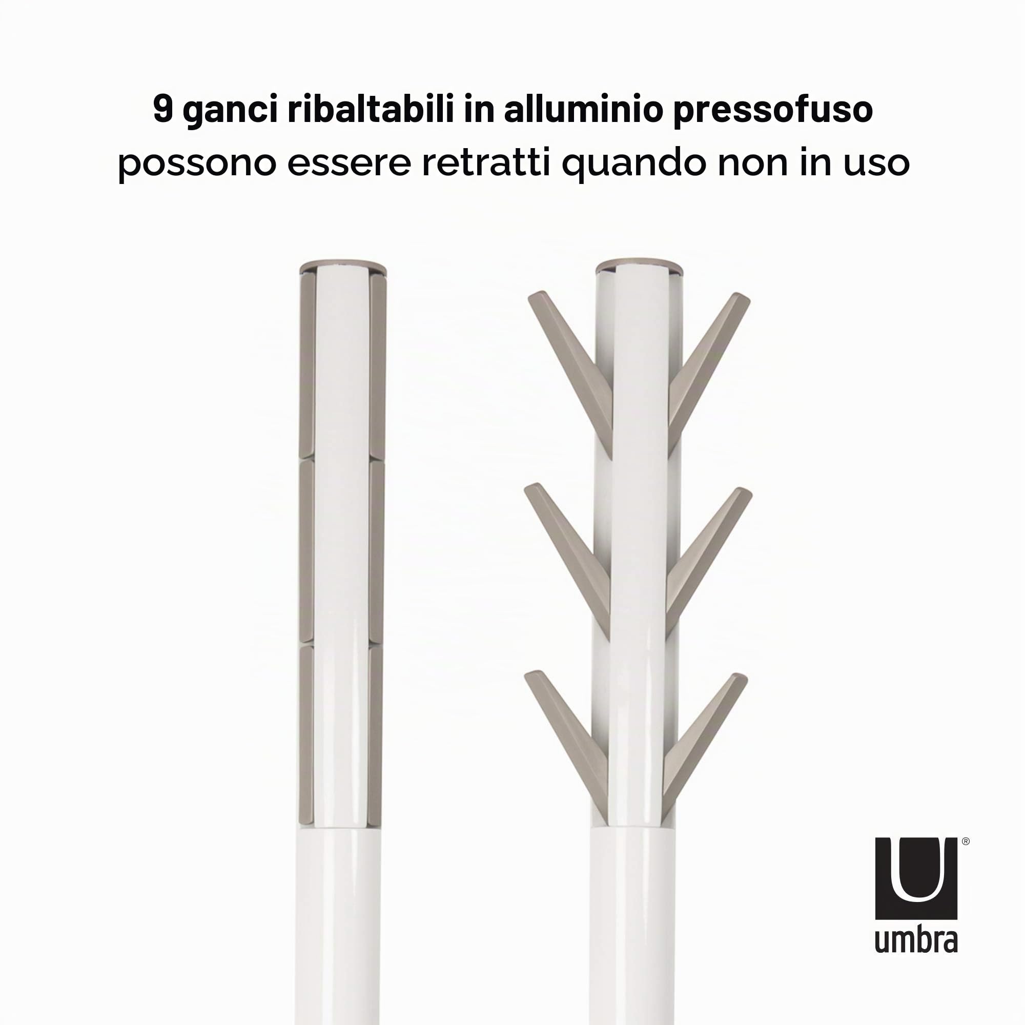 Umbra Flapper Attaccapanni da terra con 9 ganci ribaltabili, Legno di hevea, Bianco