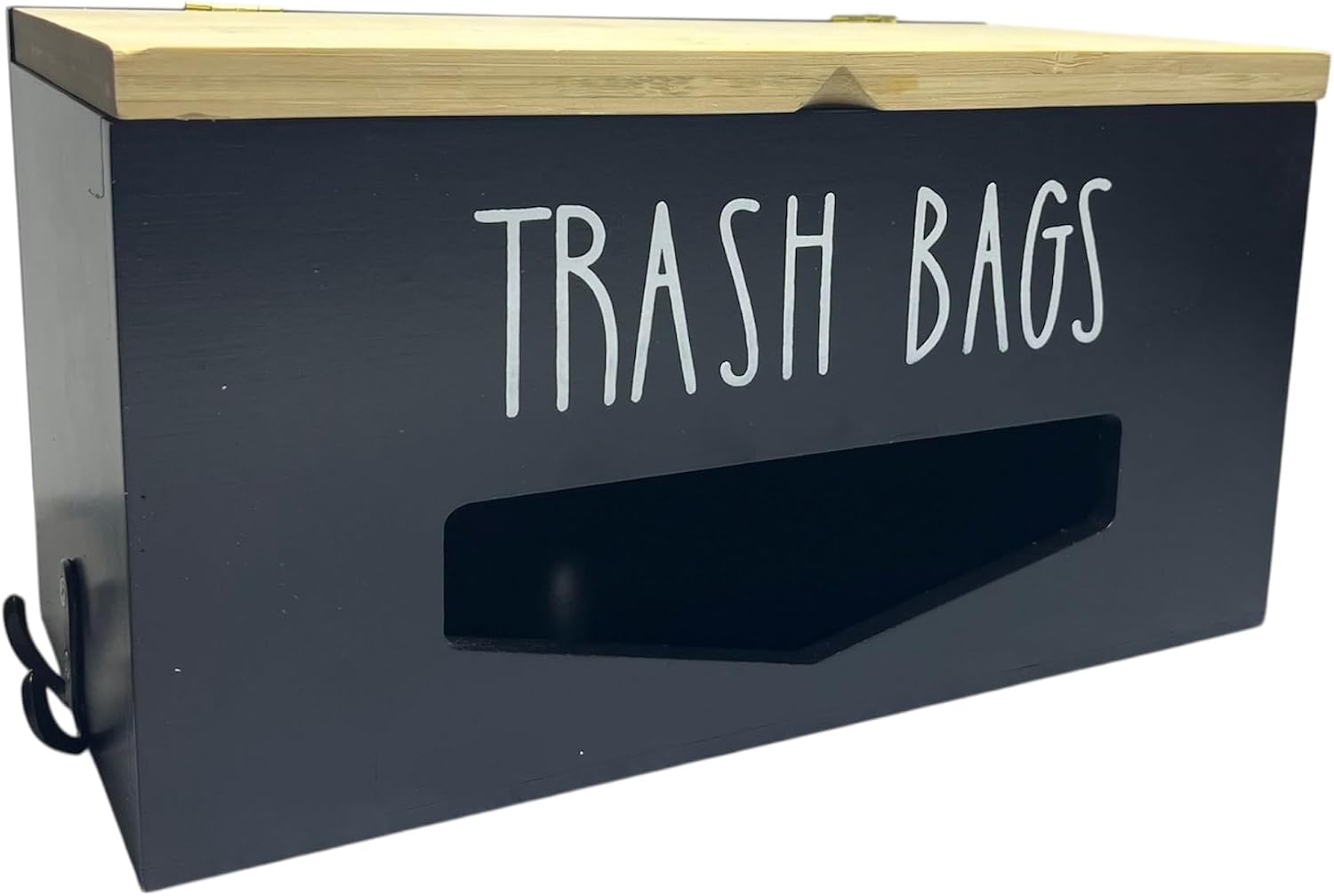Black Bamboo Trash Bag Dispenser with Lid & Dual Utility Hooks – Wall Mount or Countertop Organizer for Kitchen, Pantry, Laundry Room & Garage – Stylish Trash Bag Storage Box