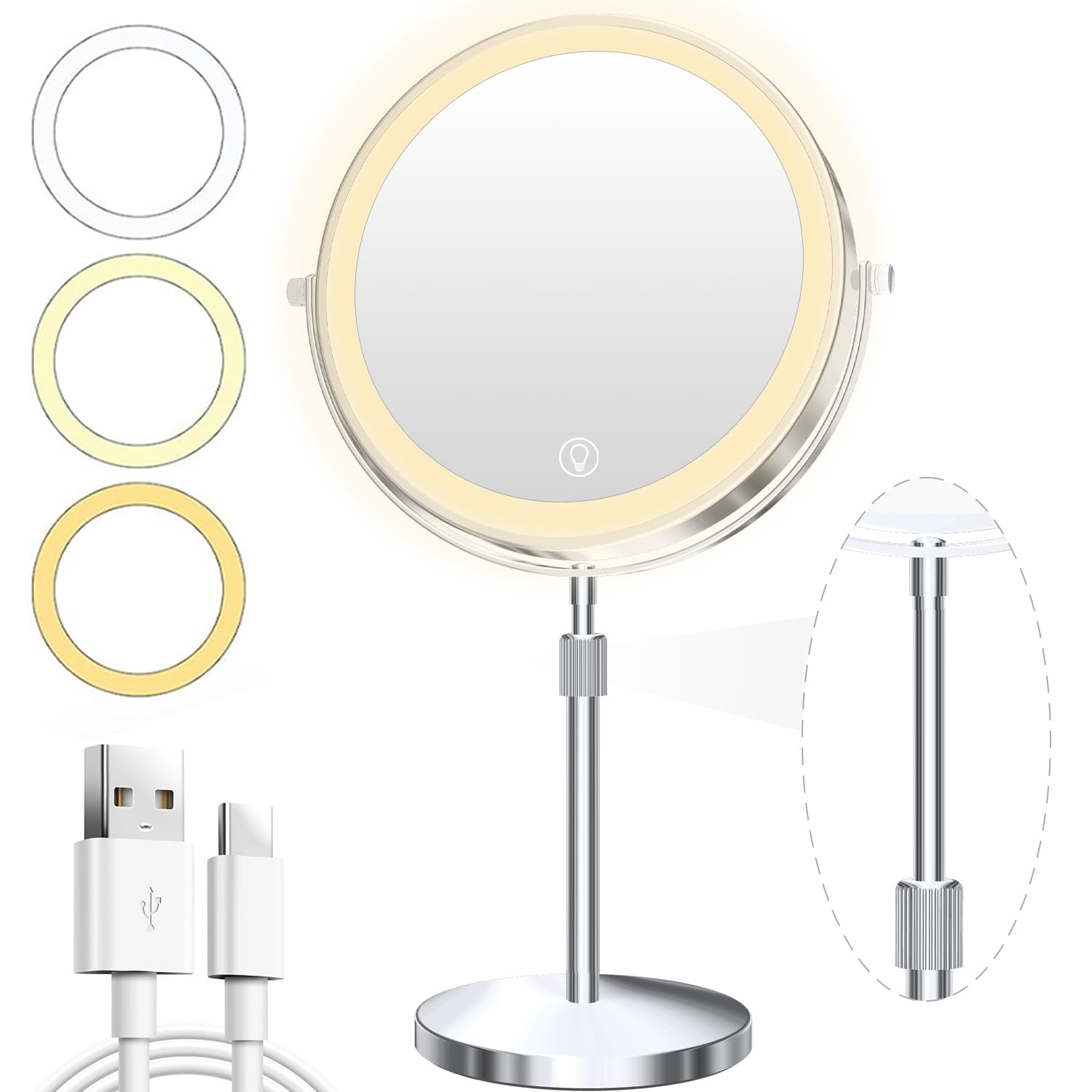 Unimiro 9inch Makeup Mirror with Lights, 1x/20x 5000mAh Rechargeable Magnifying Mirror with Light, 360° Rotate Bathroom Mirror with Lights, 3 Color, 80 LEDs, Stepless Dimmable