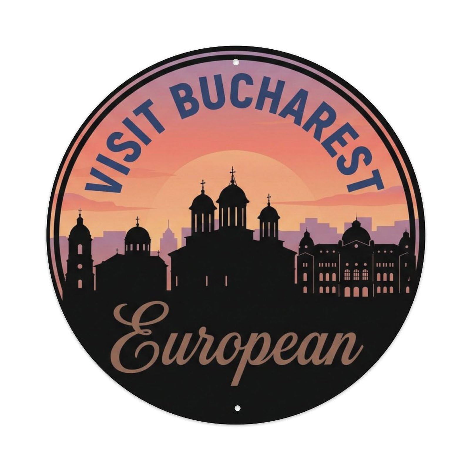 Bucharest European Cityscape Classic Europe Destination Metal Tin Sign Plaque Wall Decor for Cafe, Man Cave, Club Bar, Office, Home Garden Round Metal Poster 8x8Inch