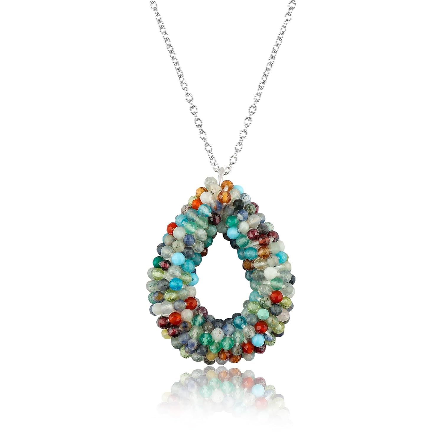 CRYSTALIS Natural Multi-Gemstone Beads Pendant Necklace, Micro Beaded Tear Drop Pear Shape Crystals, Chakra Healing Gemstone, Women Jewelry, Sterling Silver 18 inch