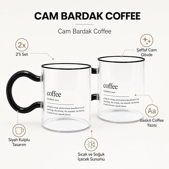 2’li Coffee Yazılı Cam Kupa Seti, Siyah Kulplu Şeffaf Kahve Bardağı, Çay Latte ve Sıcak Soğuk İçecekler İçin Modern Cam Bardak