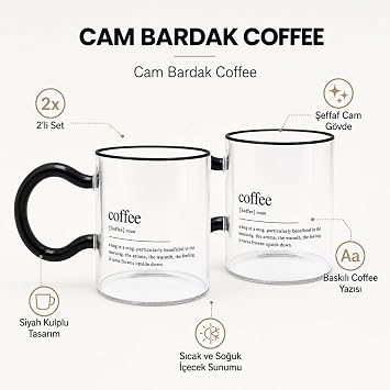 2’li Coffee Yazılı Cam Kupa Seti, Siyah Kulplu Şeffaf Kahve Bardağı, Çay Latte ve Sıcak Soğuk İçecekler İçin Modern Cam Bardak
