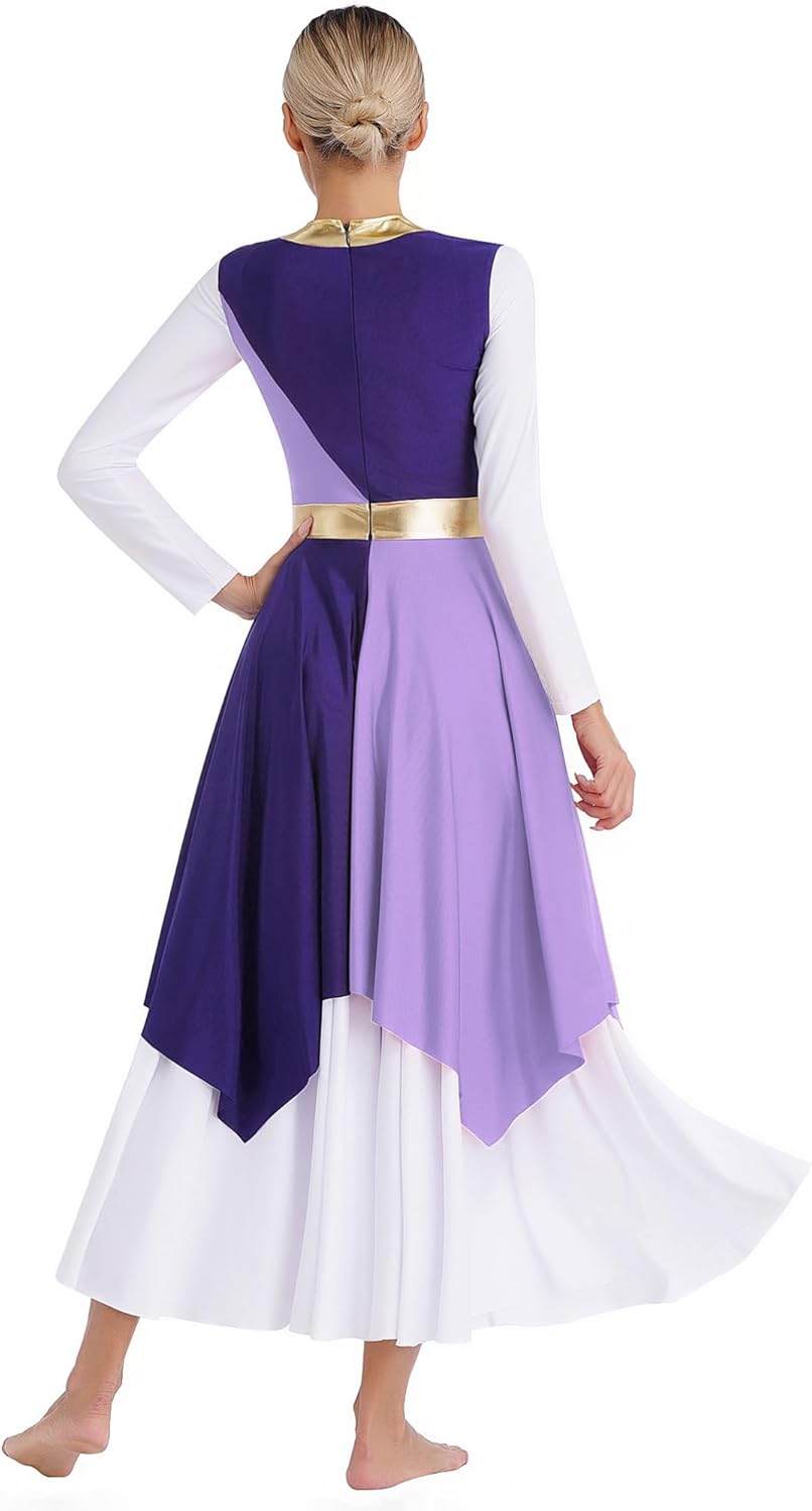 iiniim Women Metallic Color Block Liturgical Dancewear Sleeveless Asymmetrical Hem Praise Dance Dress
