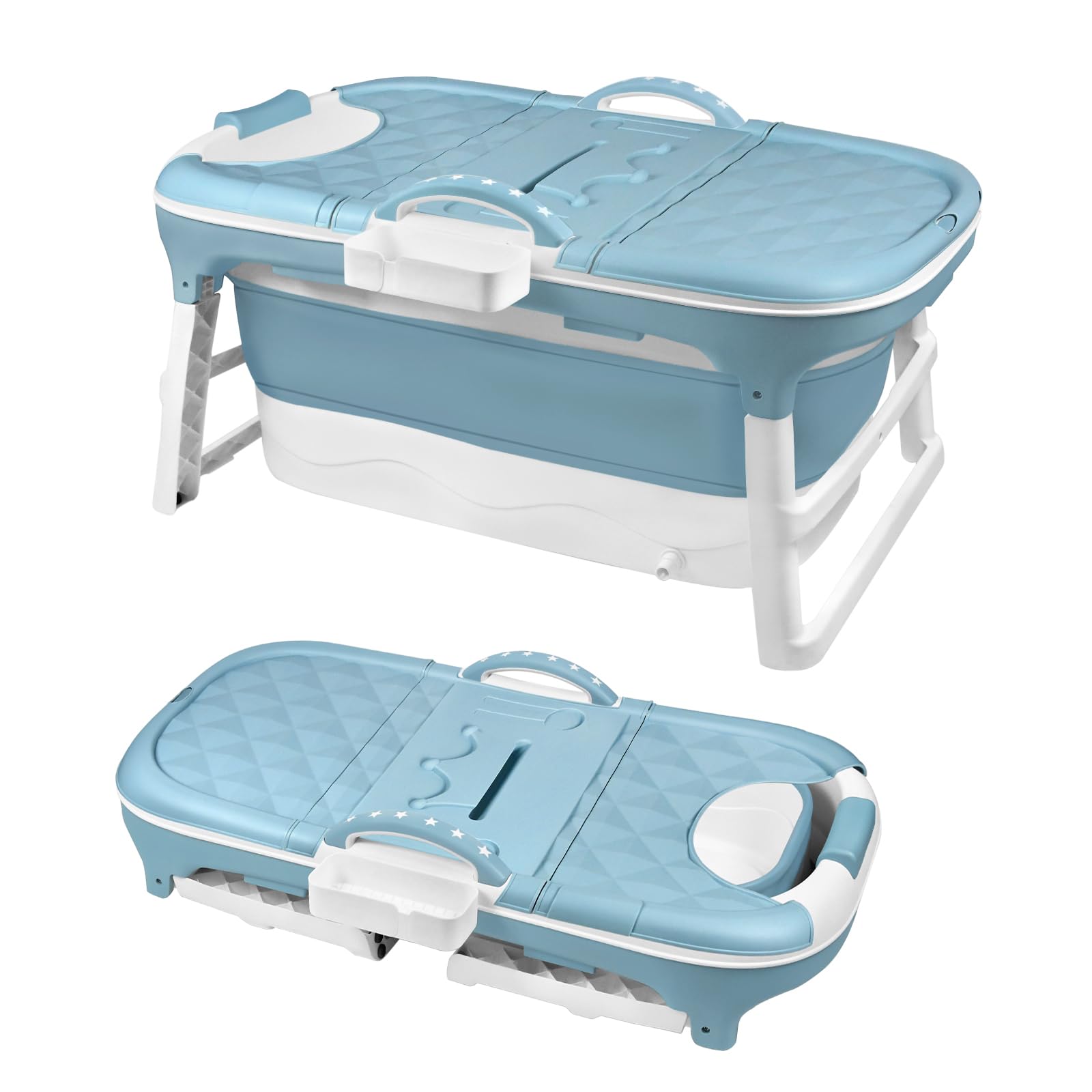 Bañera plegable para adultos, 118 x 62 x 52 cm, portátil, con cubierta extraíble, rodillos de masaje para baño, color azul