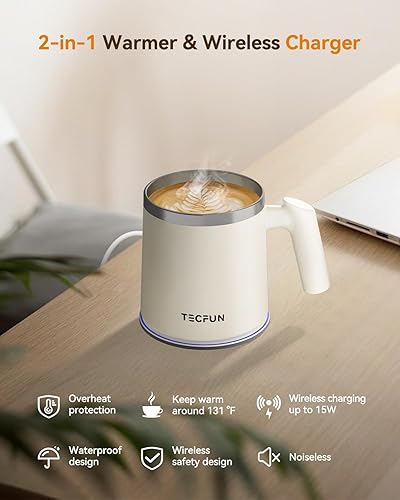 Miniatura 3 de TECFUN Calentador de taza de café, calentador de tazas 2 en 1 y cargador inalámbrico, taza de café de 12 onzas con tapa, calentador de taza de café