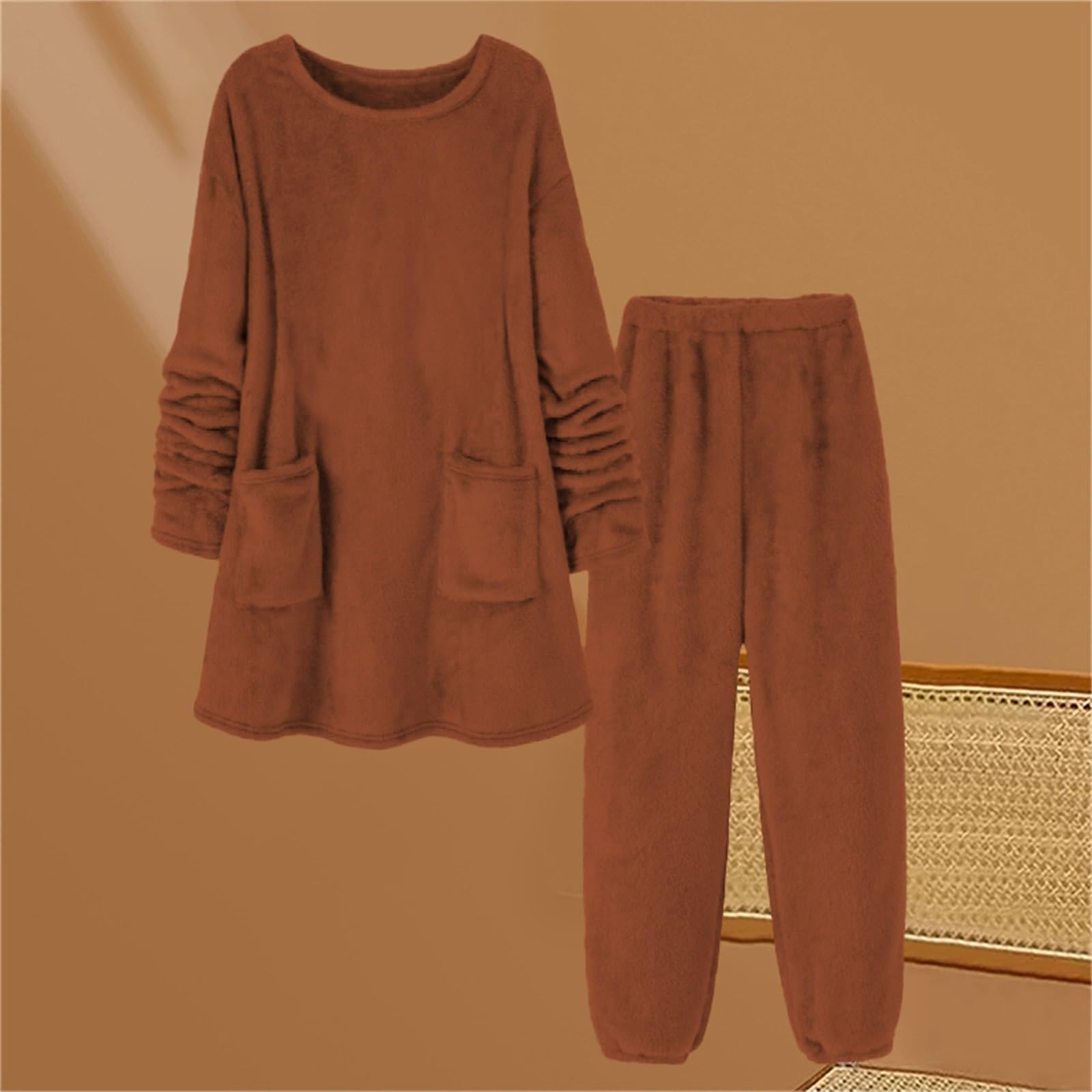 Conjunto de pijama de franela para mujer, ropa de descanso suave y mullida de dos piezas, manga larga suave y esponjosa, cuello redondo, pantalones de dormir de longitud completa, ropa de ocio térmica