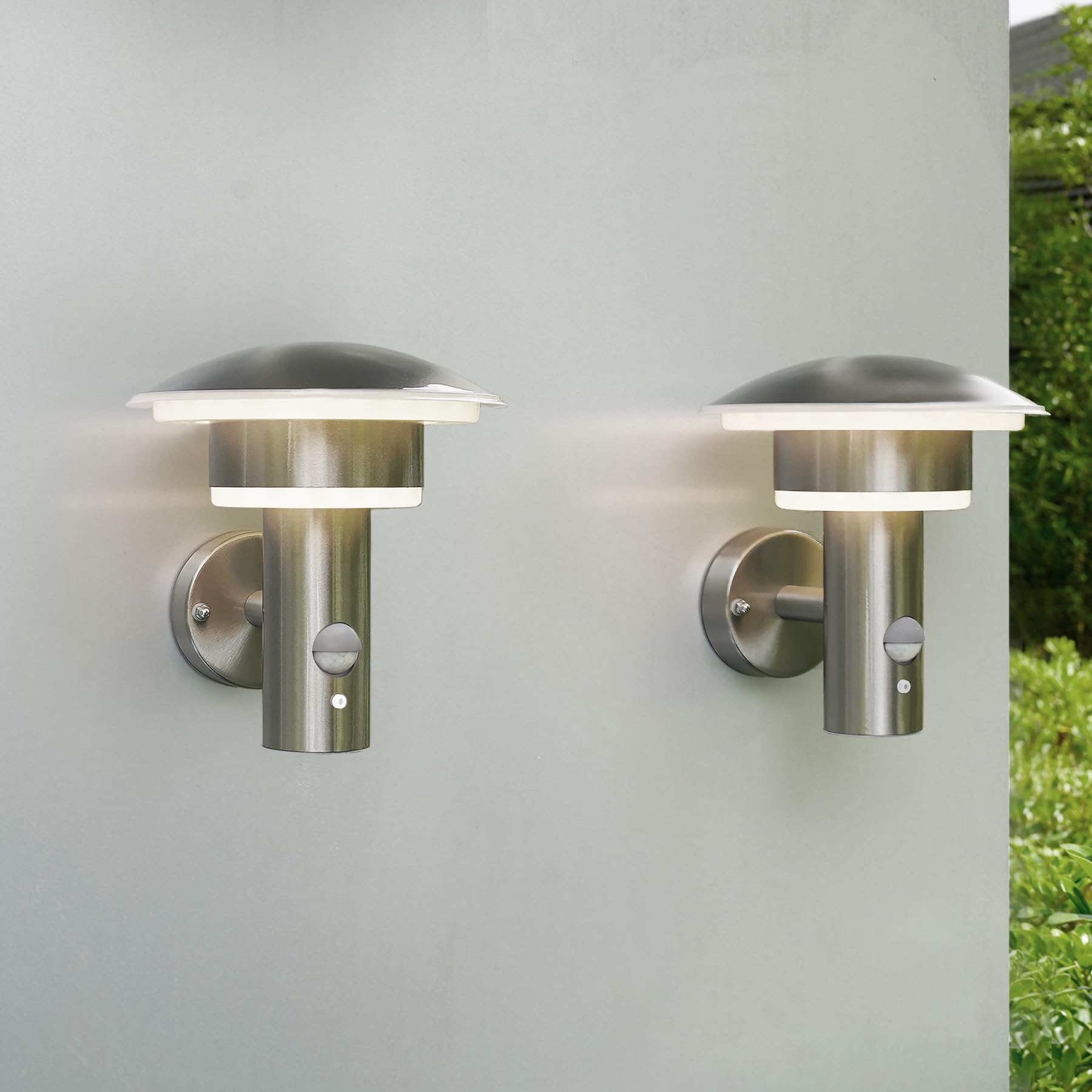 NBHANYUAN Lighting® 2 Stück LED 4 Modi Außenlampen mit Bewegungsmelder und Dämmerungssensor,Dauerlicht,Aussenwandleuchte für Haustür,Veranda,Silber,IP54,SUS316 Edelstahl, Warmweiß (3000K)