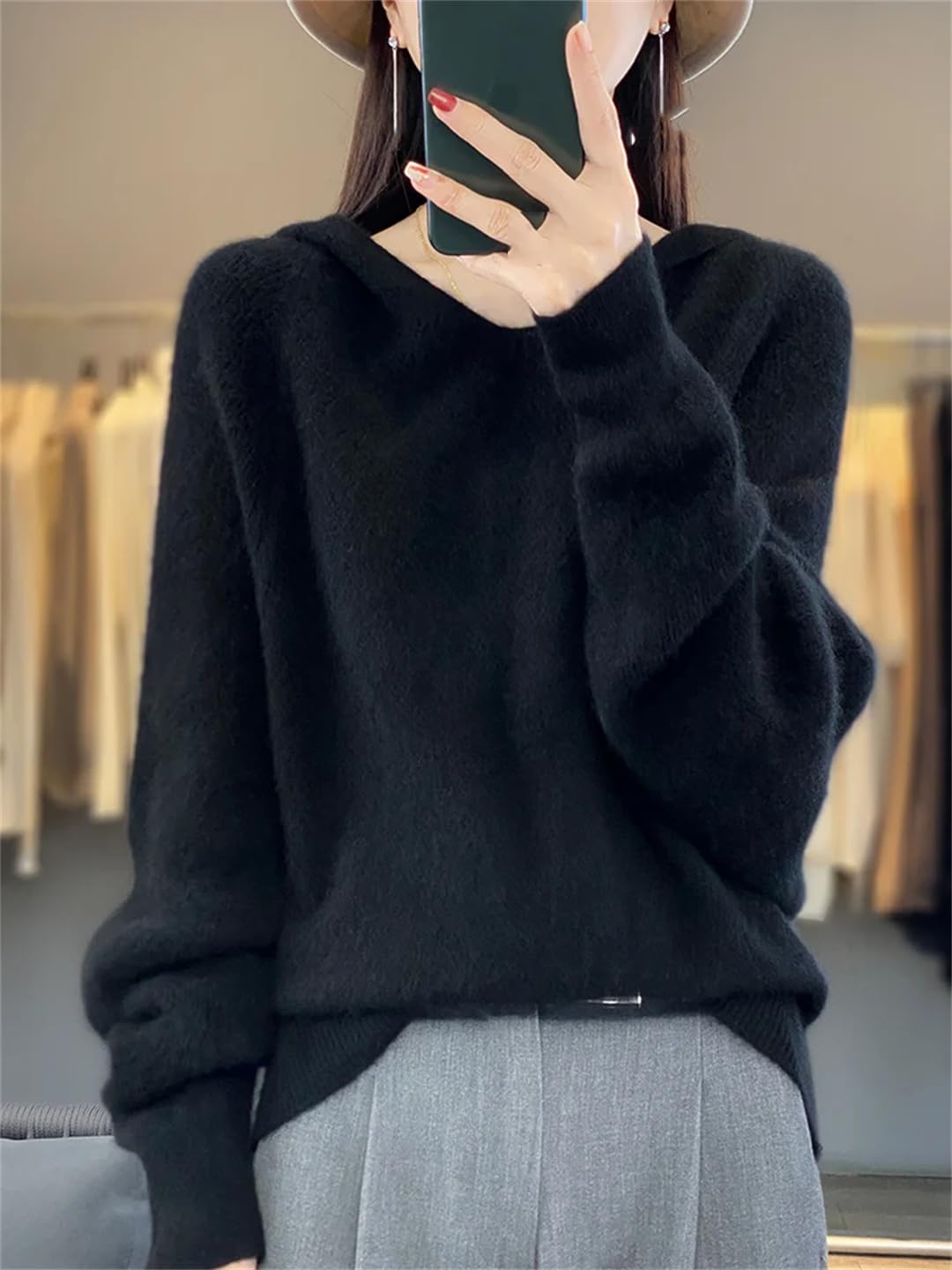 Moda Damska Luźny Sweter Z Długim Rękawem Wełna Merino Mock-Neck Pulower Bluzy Topy