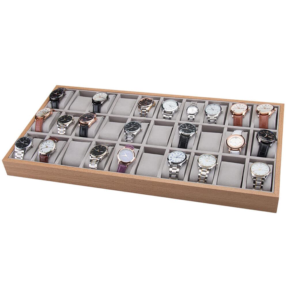 SHZICMY Bandeja de reloj con 30 ranuras para reloj, caja de joyería, bandeja de exhibición de madera, organizador para joyas, reloj y expositor