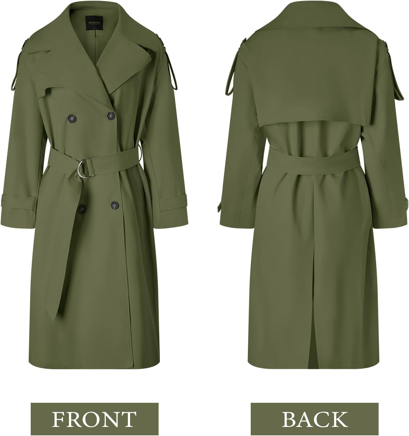 Muchpow Women's Long Trench Coat Double Breasted Lapel Oversized Windproof Overcoat with Belt - Image 6