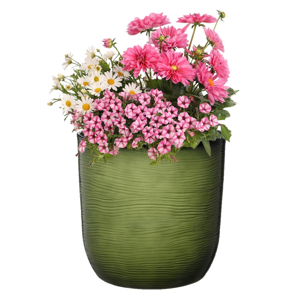 Indoor & Outdoor Ceramic Effect Plant Pot – Recycled Plastic Garden Planter - Cactus (Rounded Edge) / Light Green Flowersea