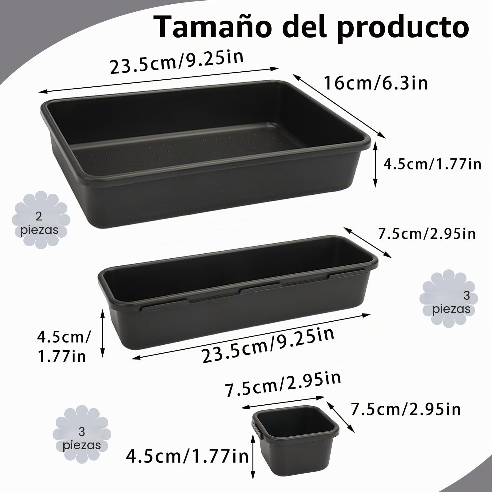 Organizador Cajones Escritorio 8 Piezas, Cajas Bandejas Plástico Apilables Almacenamiento 3 Tamaños (Gris)