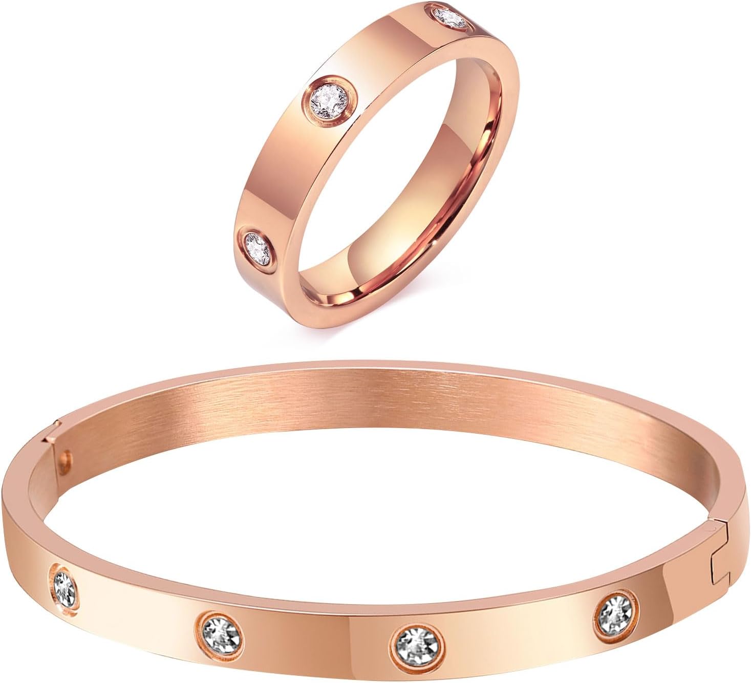 MPRAINBOW Gold Rings Bracelets for Women, 18K Gold Plated Friendship Bracelet Cubic Zirconia Bangle with Ring Jewelry Set,Wedding Party Birthday Gifts for Her Girlfriend