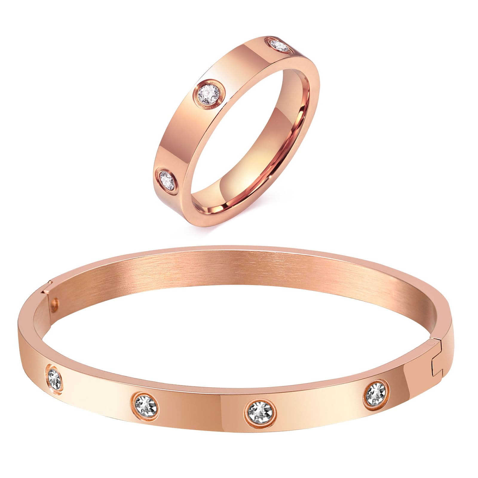 MPRAINBOW Gold Rings Bracelets for Women, 18K Gold Plated Friendship Bracelet Cubic Zirconia Bangle with Ring Jewelry Set,Wedding Party Birthday Gifts for Her Girlfriend