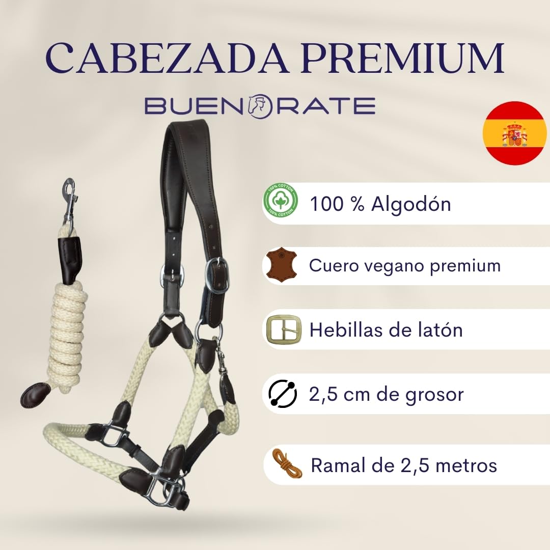 Cabezada de cuadra con ramal a juego -Testera Anatómica - Beigge - Talla Full -Cabestro premium de cuero vegano y algodón 100%. Diseño exclusivo, elegante y anatómico