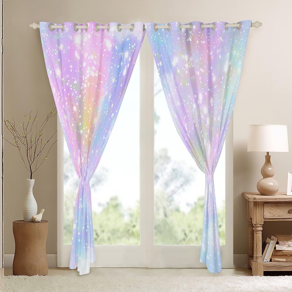Loussiesd Girls Glitter Darkening Dreapes Kawaii Galaxy Pastel Kids Curtains for Bedroom Rainbow Comter Blackout Curtains Colorful Glitter Outer W52*L63 - Image 4