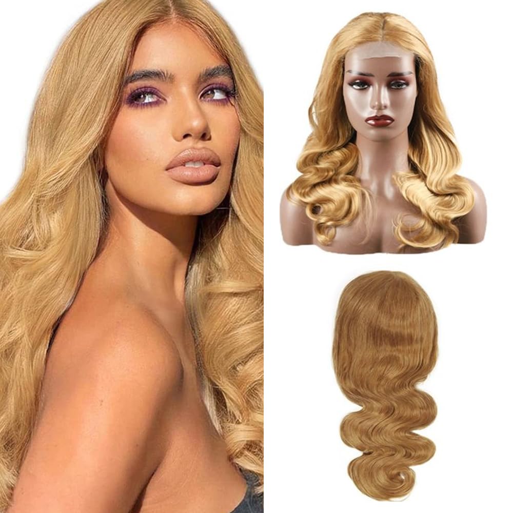 Weeybay 4x4 Lace Front Wigs #27 Honey Blonde Color Body Wave Virgin Glueless Unprocessed 180% Density Transparent Lace Human Hair Wig For Women 16 Inch