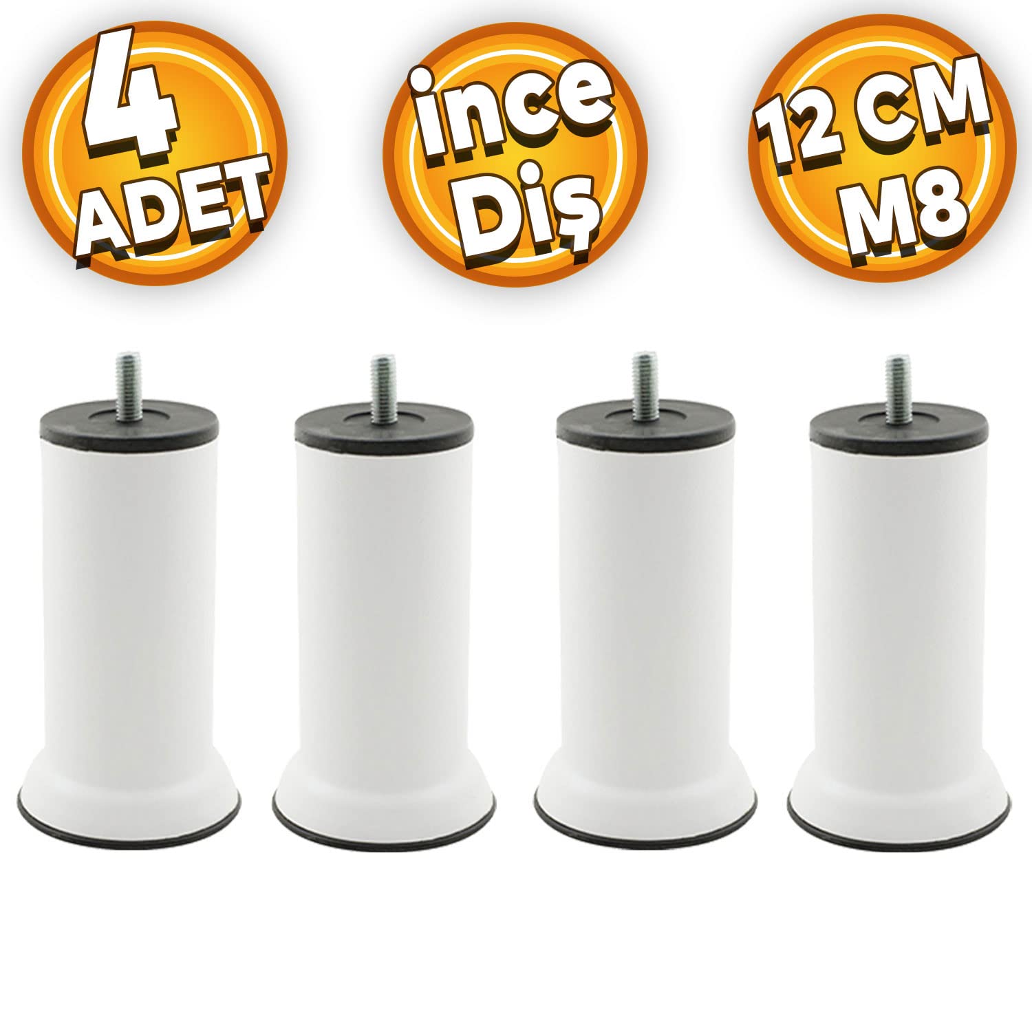 Badem10 Mobilya Baza Metal Kanepe Koltuk Destek Ayağı M8 Civatalı İnce Diş Beyaz Metal Ayak 12 Cm (4 ADET)