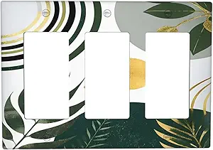 Decorative Outlet Covers Boho Green Leaves Bohemian Gold Sun 3 Gang Wall Plate Triple Rocker Light Switch Cover Plate Jumbo Electrical Gfci Faceplate for Bedroom Decor