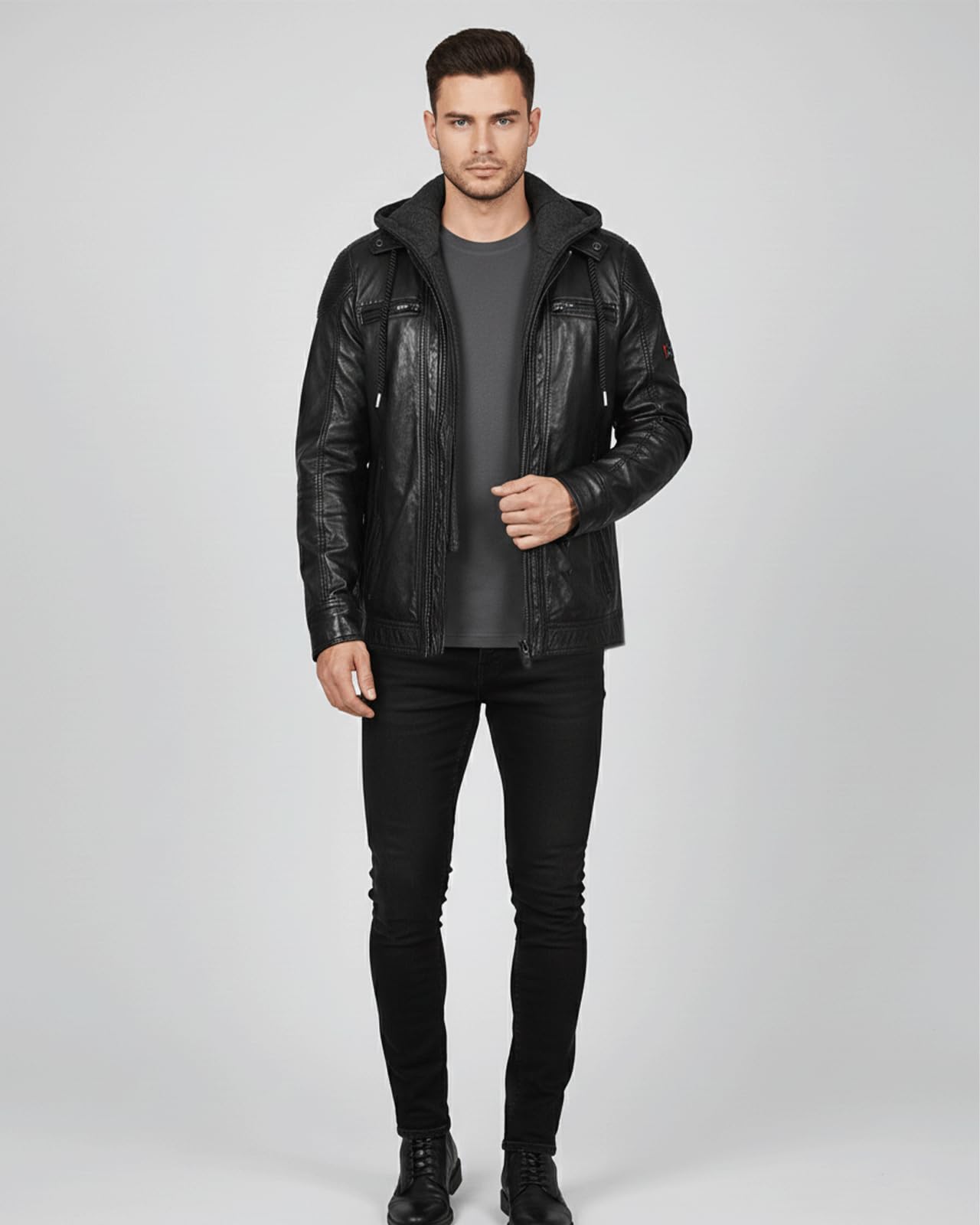 Herren Lederjacke Felix Bikerjacke Echtleder Jacke Vintage aus feinstem Lammnappa Leder mit Abnehmbarer Kapzue-Hoodie