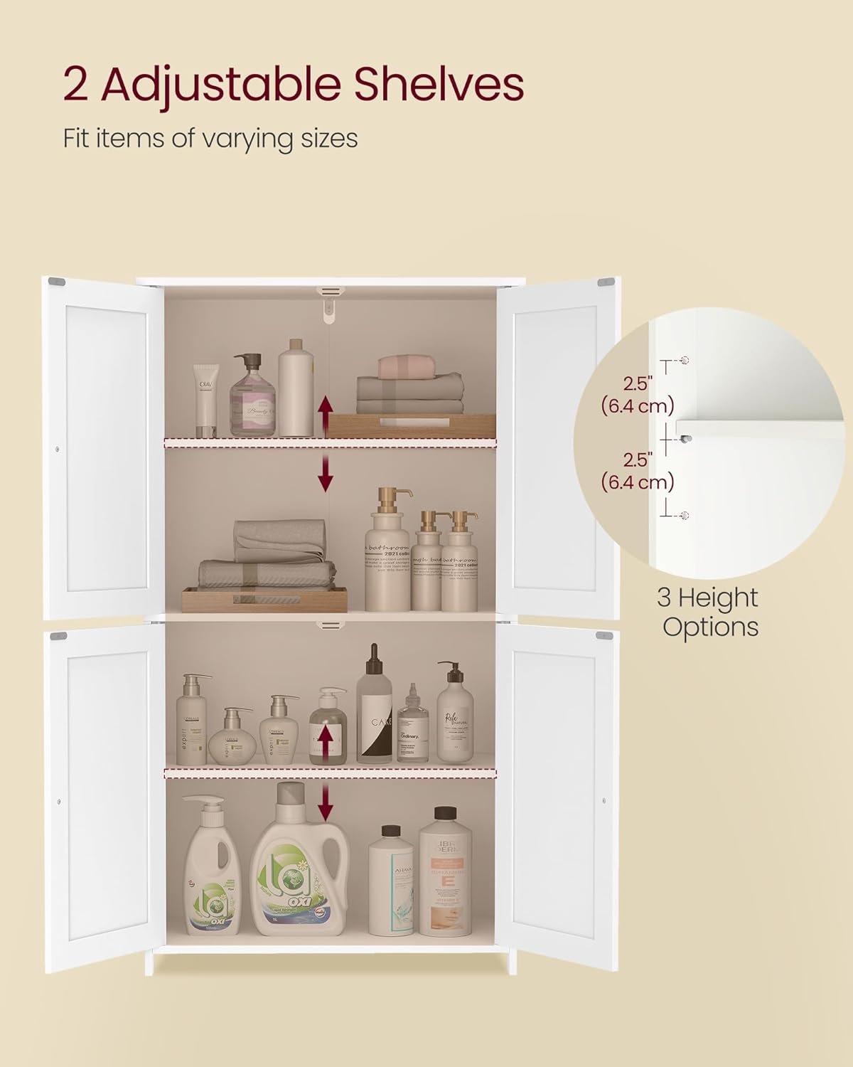 Close-up of adjustable shelves in VASAGLE cabinet with 3 height options