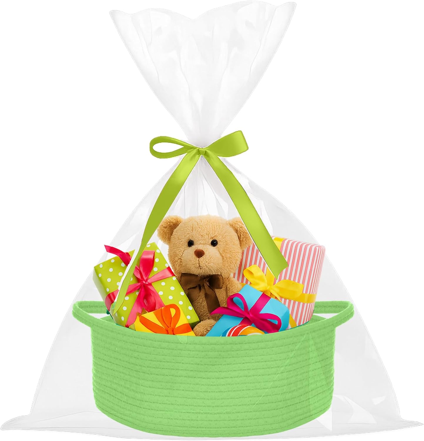 ShellKingdom Storage Basket with Handles, Empty Gift Basket for Christmas with Gift Bags and Ribbon, Small Woven Baskets for Home, Nursery Storage Organizer, 12 X 8 X 5 INCH, Green