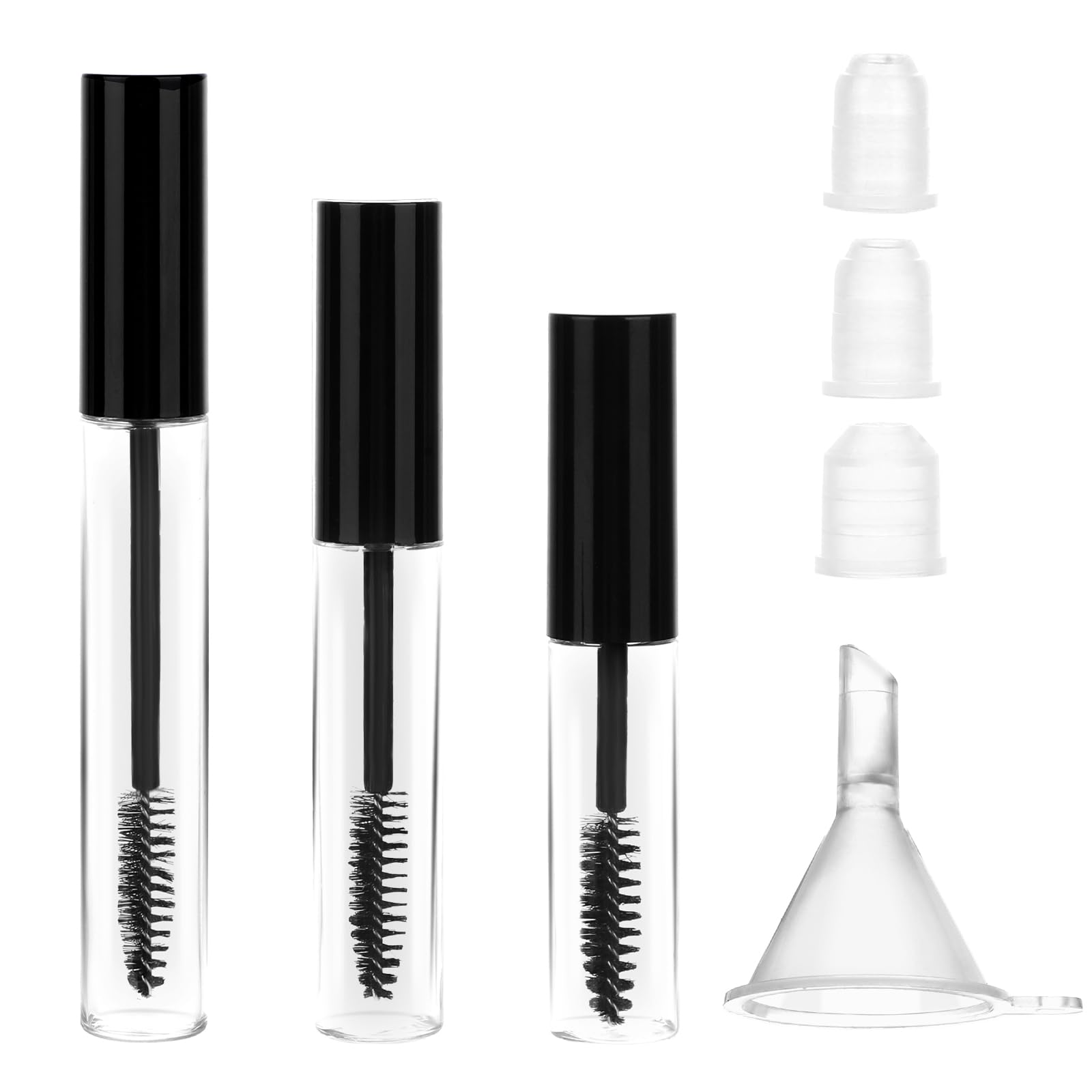 3 Pack Empty Mascara Tube with Eyelash Wand, 5ml 8ml 12ml Empty Mascara Tube and Wand Kit with Mini Funnels and Leak Stoppers for DIY Mascara or Eyelash Growth Oil (Black)