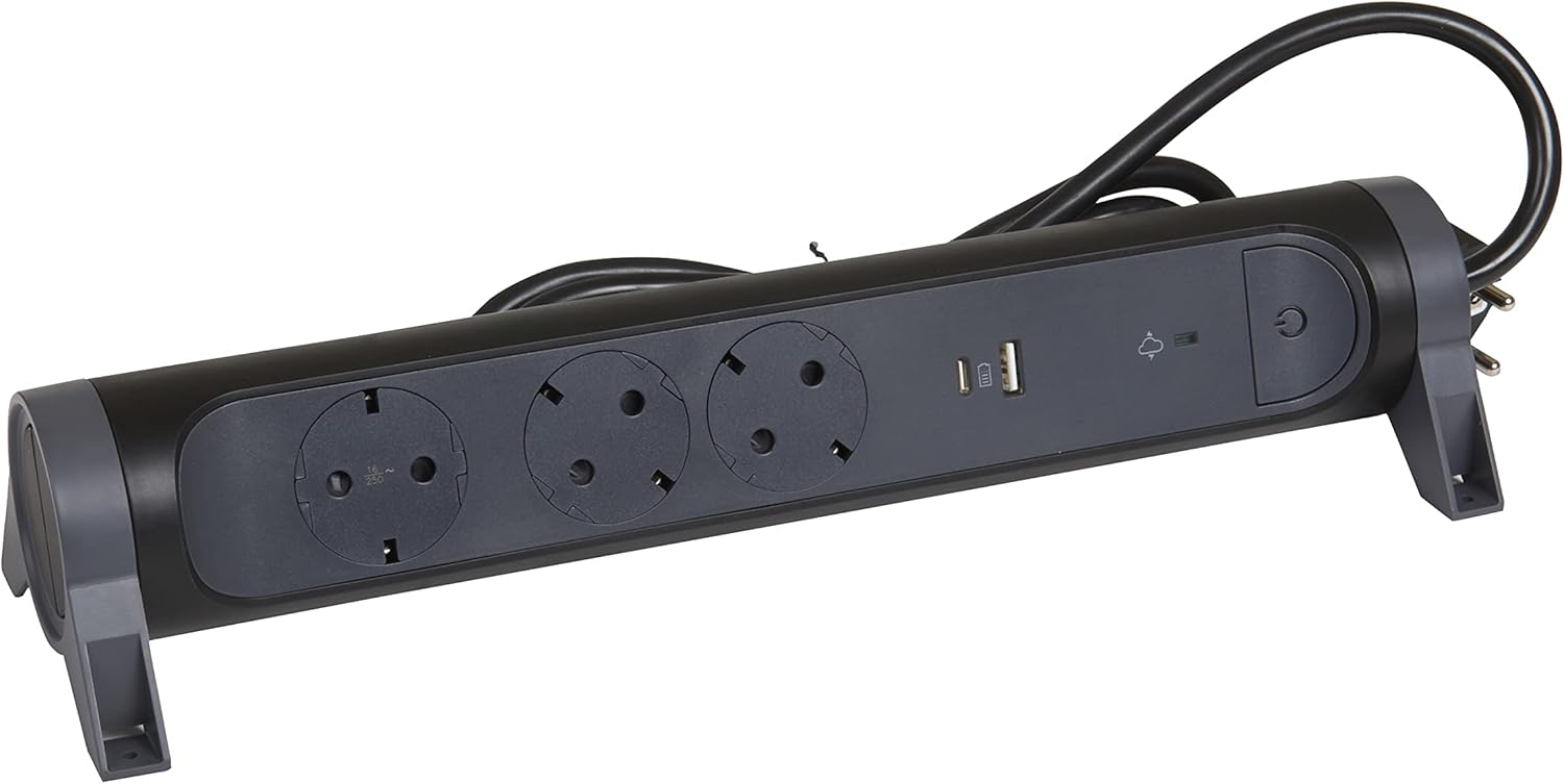 LEGRAND, Rotating power strip, 3-way socket, multiple power strip, USB-A and USB-C connection, integrated surge protector with status display (SPD), 1.5 m cable,